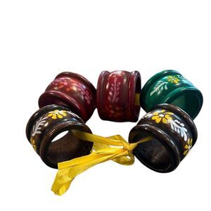 Vintage Hand-Painted Wooden Napkin Rings Set of 5 Colorful Floral Boho Folk Art